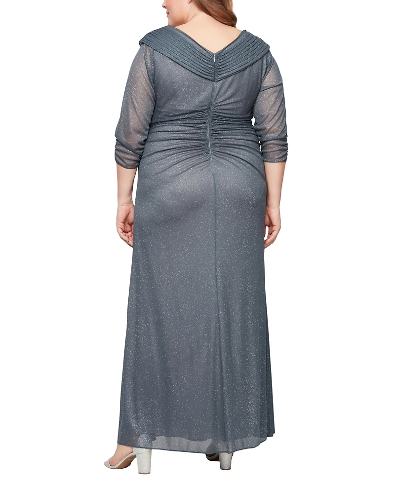 Alex Evenings Plus Long Portrait Collar Glitter Smoke 3/4-Sleeve A-Line Dress