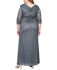Alex Evenings Plus Long Portrait Collar Glitter Smoke 3/4-Sleeve A-Line Dress