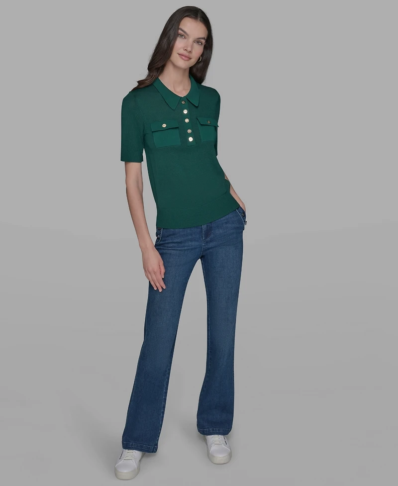 Karl Lagerfeld Paris Women's Short-Sleeve Button-Front Sweater