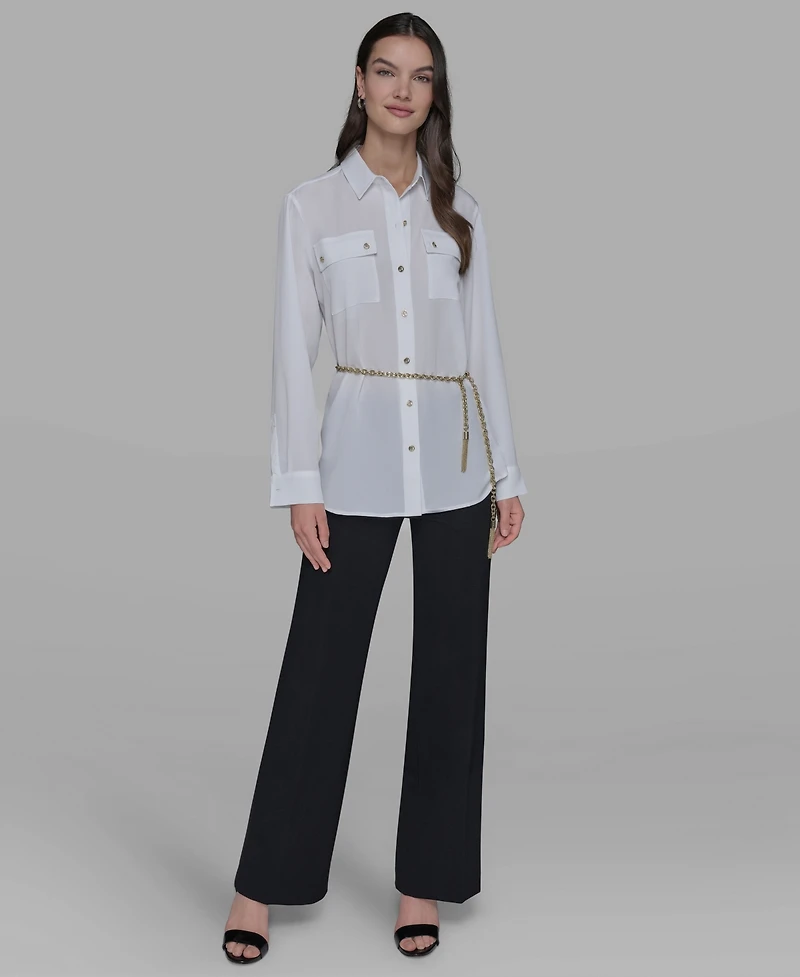 Karl Lagerfeld Paris Women's Belted Chest-Pocket Top