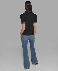 Karl Lagerfeld Paris Women's Short Sleeve Tweed Trim Knit Top