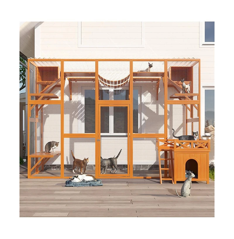 Aostirmotor 118 in. Outdoor Wooden Cat house Cat shelves with Window Box in Natural