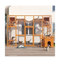 Aostirmotor 118 in. Outdoor Wooden Cat house Cat shelves with Window Box in Natural
