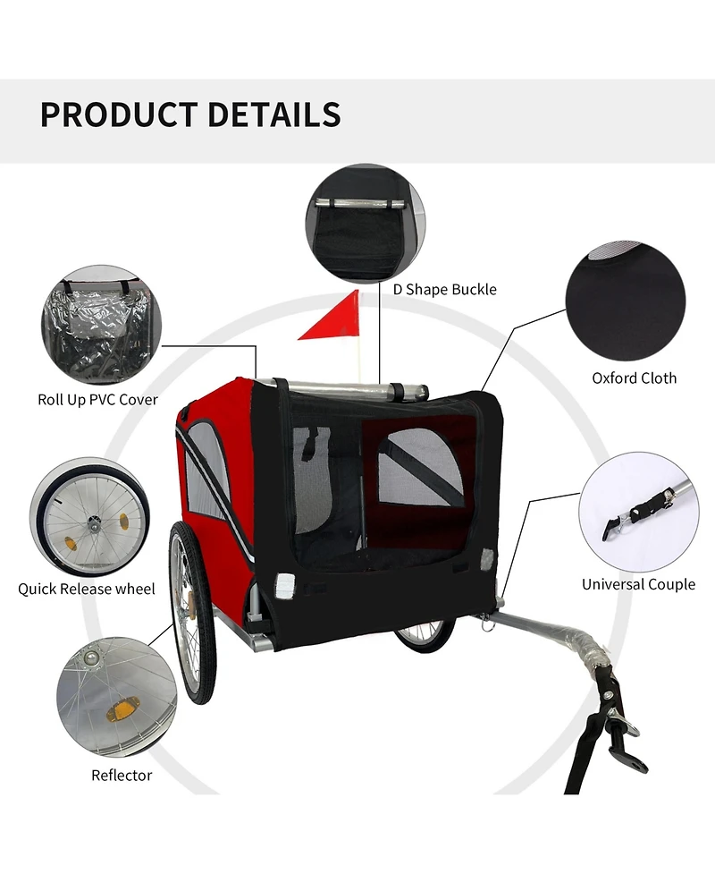 Aostirmotor Red Breathable Mesh Dog Cart with 3 Entrances Folding Pet Carrier Wagon Bicycle Carrier for Medium and Small Sized Dogs