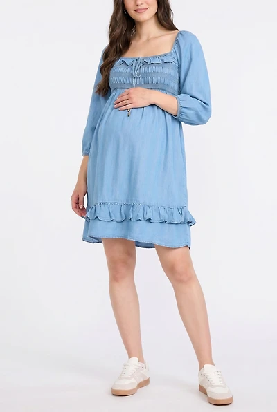 Motherhood Maternity Women's Smocked Babydoll Long Sleeve Mini Dress