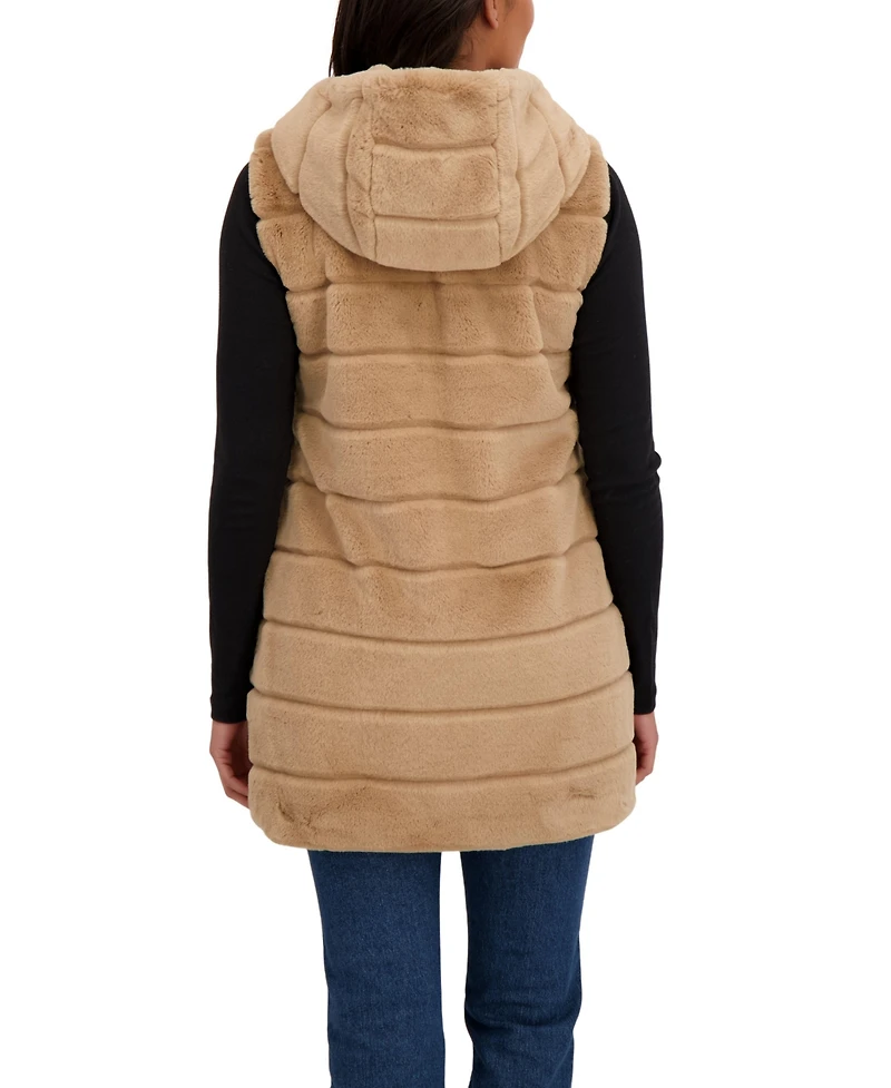 Sebby Collection Women's Hooded Grooved 3/4 Faux Fur Vest