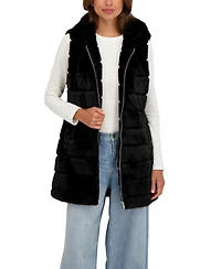 Sebby Collection Women's Hooded Grooved 3/4 Faux Fur Vest