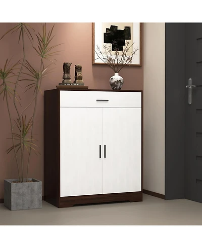 Vanirror Wooden Shoe Rack Organizer - 4-Tier Cabinet with 2 White Doors, Drawer & Adjustable Shelves /Hallway Entryway