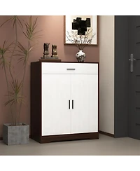 Vanirror Wooden Shoe Rack Organizer - 4-Tier Cabinet with 2 White Doors, Drawer & Adjustable Shelves /Hallway Entryway