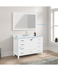 Vanirror 48" Matte White Bathroom Vanity Set with Marble Countertop & Ceramic Sink, Solid Wood Freestanding Vanity for Modern Bathrooms