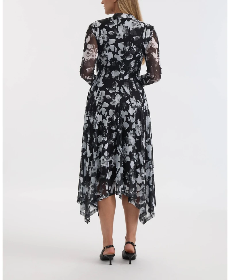 Ellen Tracy Women's Printed Mesh Dress with Handkerchief Hem