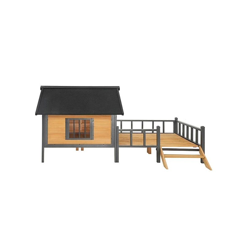 Aostirmotor 67 in. Wooden Dog House Dog Kennel with All-Around Iron Frame and Porch in Natural