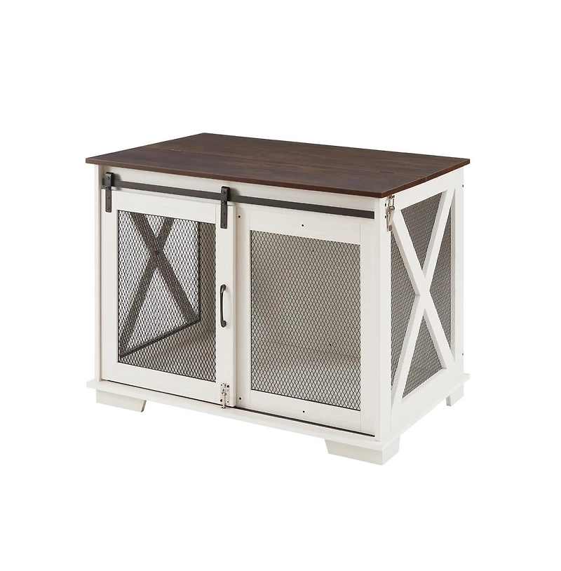 Aostirmotor White Farmhouse Dog Kennel End Table with Barn Door Flip Top and Divider