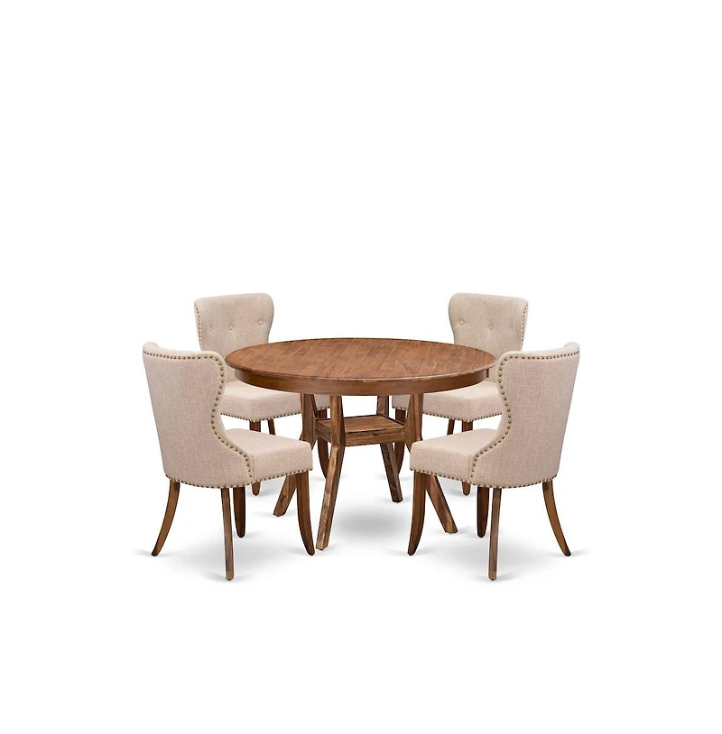 Luxe by East West Furniture 5-Pc Dining Set Of A Pedestal Kitchen Table, 4 Light Tan Fabric Kitchen Chairs