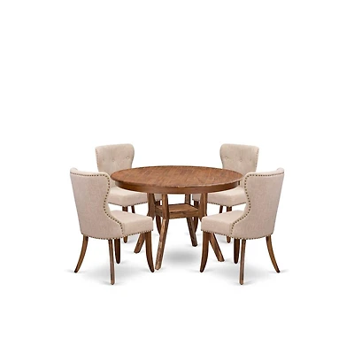 Luxe by East West Furniture 5-Pc Dining Set Of A Pedestal Kitchen Table, 4 Light Tan Fabric Kitchen Chairs