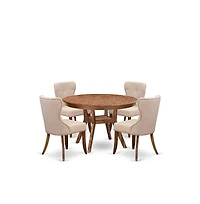 Luxe by East West Furniture 5-Pc Dining Set Of A Pedestal Kitchen Table, 4 Light Tan Fabric Kitchen Chairs