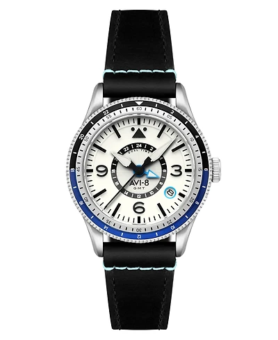 Avi-8 Men's Flyboy Black Leather Strap Watch, 40mm
