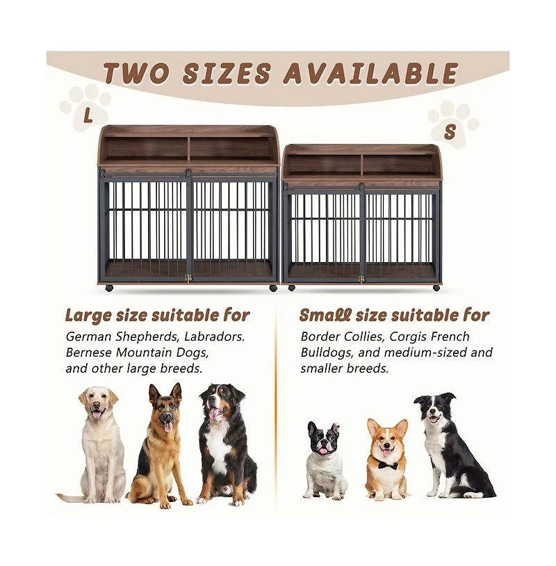 Aostirmotor 44'' Brown Heavy Duty Large Dog Crate Furniture Lockable Wheels Double Layer Storage