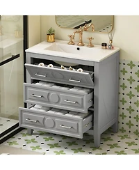 Casainc 30" Freestanding Vanity With Ceramic Sink Combo and 3 Drawers, Solid Wood Frame