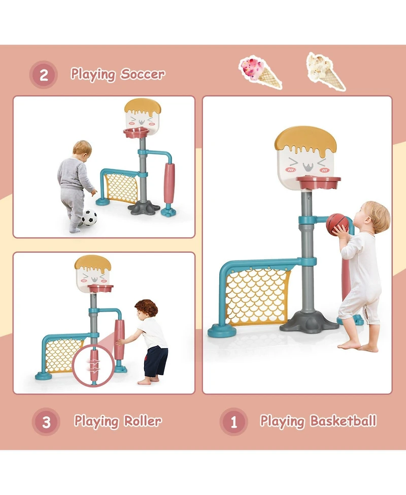 3-in-1 Height Adjustable Basketball Stand Set with Soccer and Roller