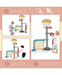 3-in-1 Height Adjustable Basketball Stand Set with Soccer and Roller