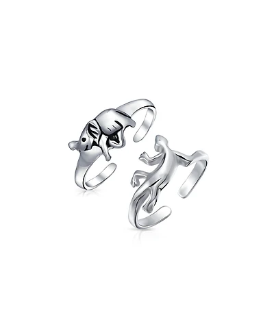 Bling Jewelry Set of 2 Lucky Elephant & Gecko Lizard Toe Ring Midi Mid Finger Sterling Silver