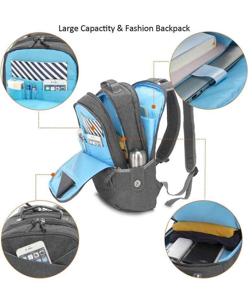 15.6 inch Grey Laptop Backpack for Men Women, Stylish Buttons Decor Daypack with Usb Charging Port, Water Resistant Computer Bag Notebook Bag Suitable