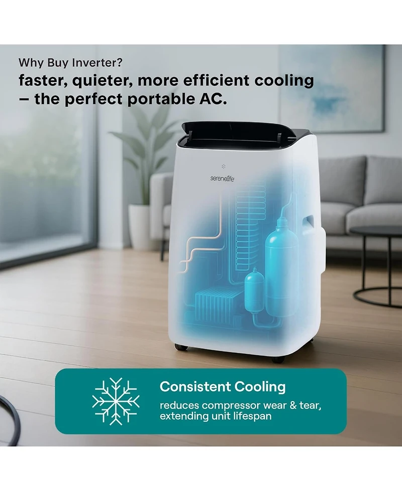 SereneLife 10300 Btu Portable Inverter Air Conditioner with Cooling, Heating, Wi-Fi Connectivity, and Quiet Operation – Perfect for Bedrooms, Offices,