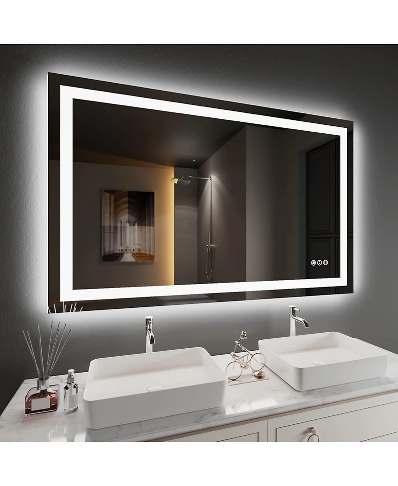Amorho Led Bathroom Mirror, 57" x 36" with Front Light and Backlit, Stepless Dimmable Wall Mount Mirrors, Anti-Fog, Shatter-Proof, Memory, 3