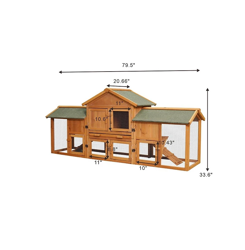 Aostirmotor 79.5 in. Outdoor Wooden Bunny Cage with 2 Runs House Small Animal Habitats, Two Tier Waterproof Roof in Light Brown