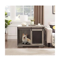 Aostirmotor Gray Farmhouse Dog Kennel End Table with Sliding Barn Door and Flip Top for Dogs