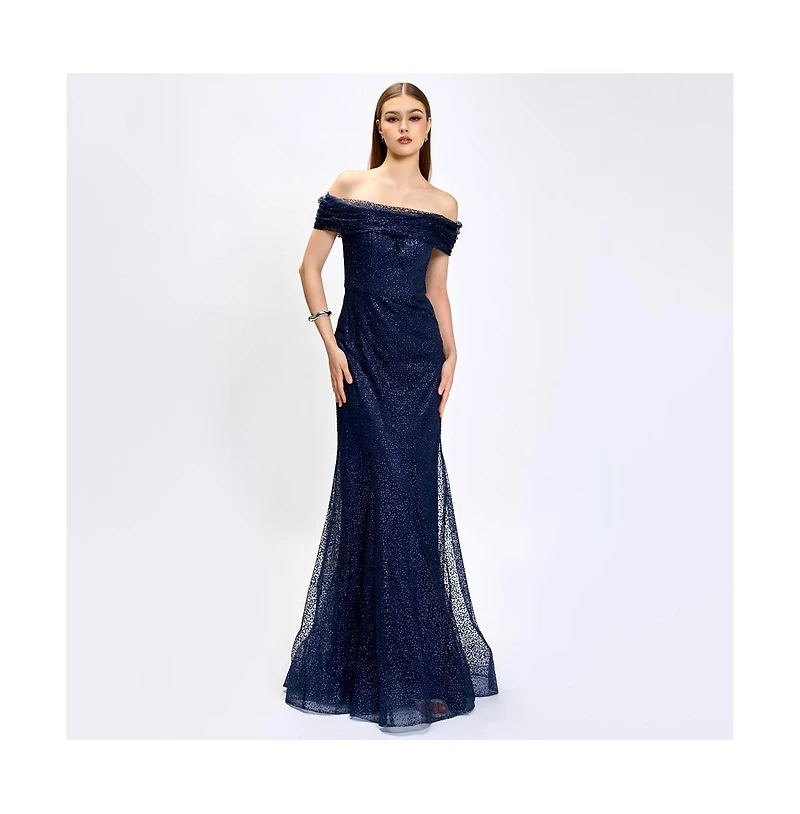 Bariano Women's Alianna Off Shoulder Glitter Gown