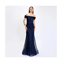 Bariano Women's Alianna Off Shoulder Glitter Gown
