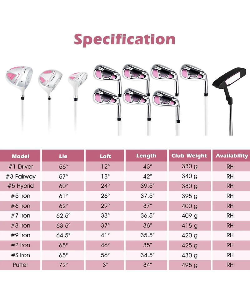 Akiudex Women's Right-Handed Golf Club Set with 14-Way Stand Bag