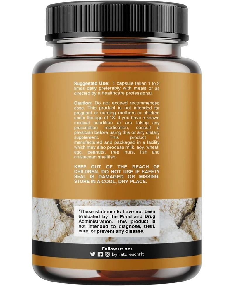 Nature's Craft Lion's Mane Complex Capsules, Brain Booster Nootropic Supplement with Chaga Maitake Shiitake and Reishi, Nature's Craft, 120ct