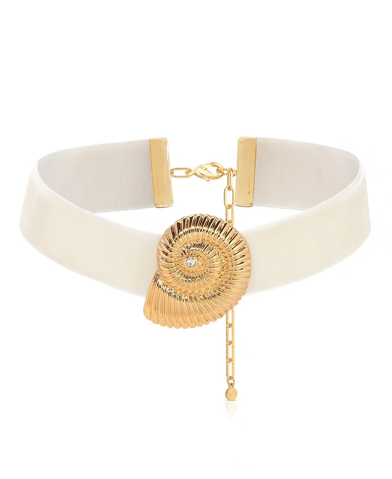 Ettika 18k Gold Plated Swirled Shell Pendant Beige Velvet Choker