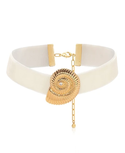 Ettika 18k Gold Plated Swirled Shell Pendant Beige Velvet Choker