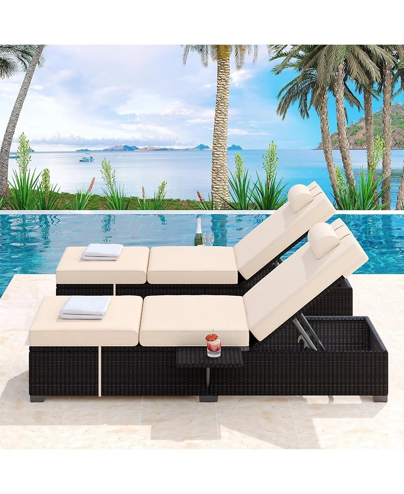 gaomon Outdoor Brown Wicker Patio Chaise Lounge Chairs Set of 2, Adjustable Backrest Lounger with Beige Cushion for Pool & Outdoor Use