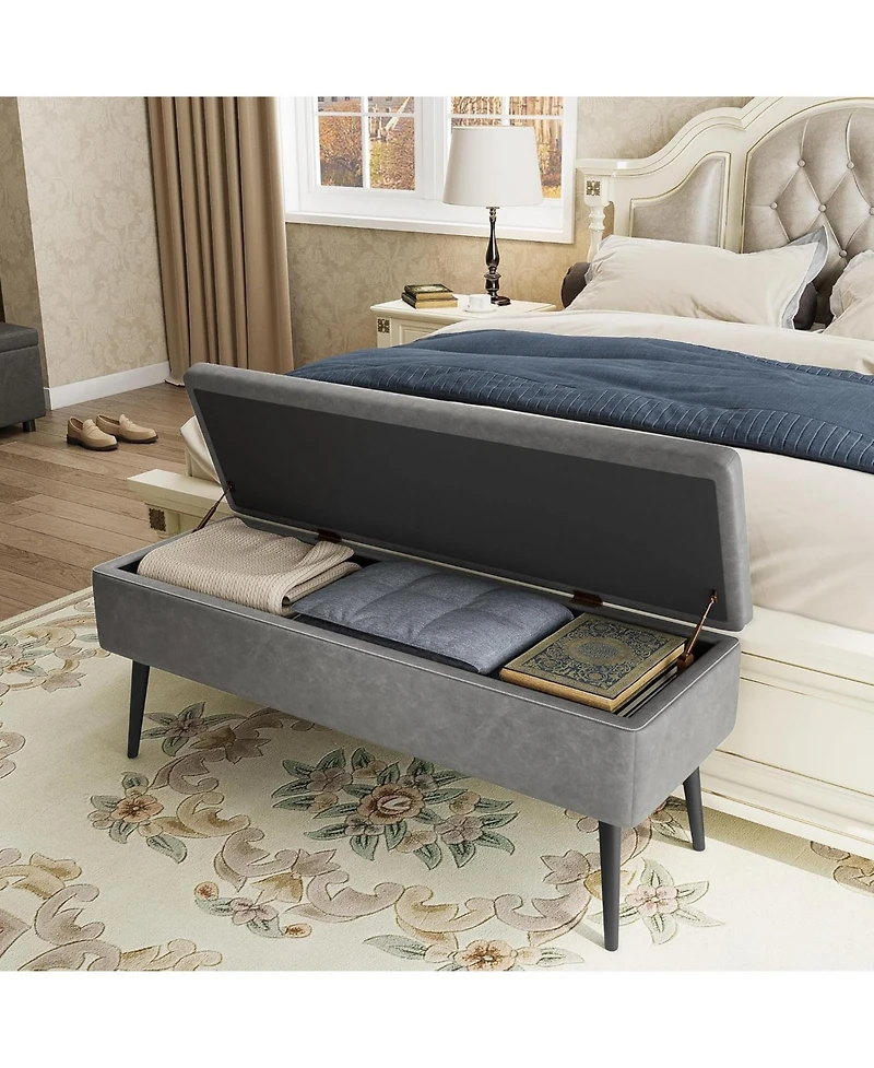 gaomon Storage Ottoman Bench, Mid-Century Modern Synthetic Leather, Grey, Safety Hinges, Loads 680 lbs, Entryway & Bedroom