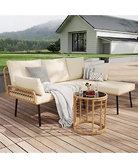 gaomon 3-Pieces Outdoor Wicker Patio Conversation Set with Sofa, Coffee Table & Cushions, Sectional Couch for Balcony, Backyard, Deck