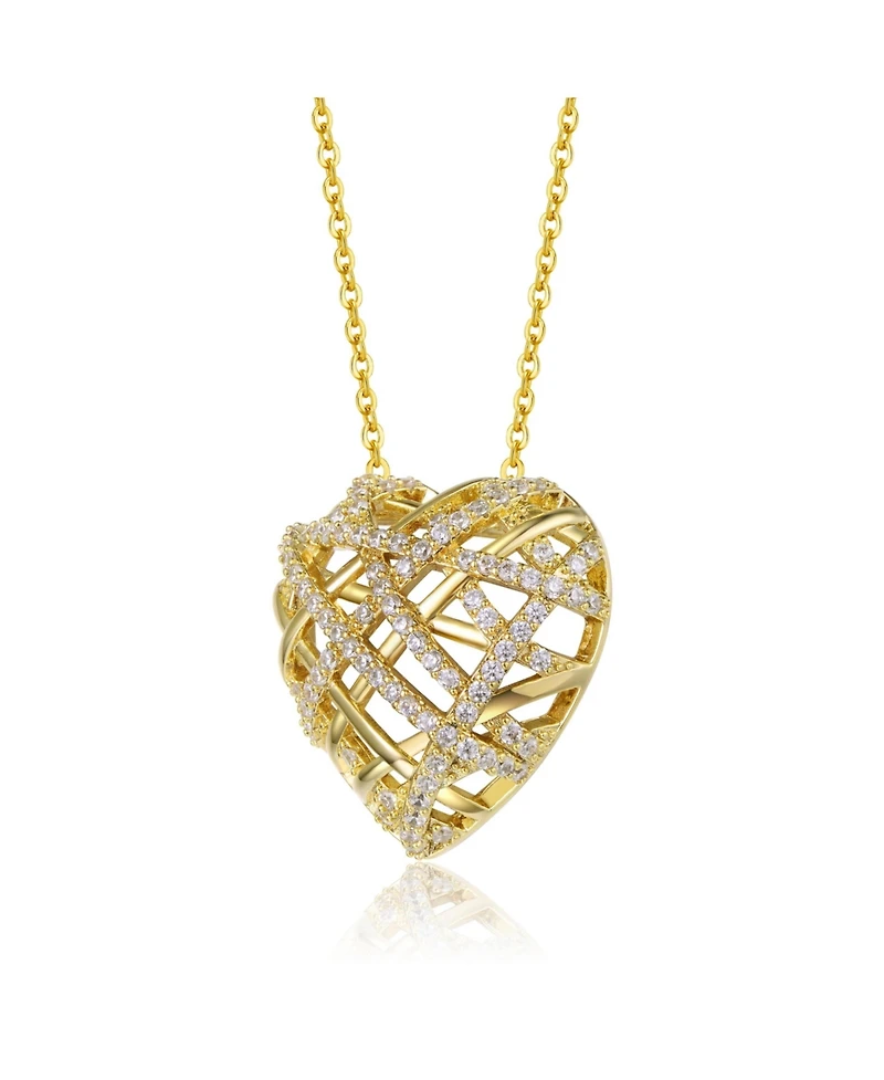 Sterling Silver 14k Yellow Gold Plated with Cubic Zirconia Knotted Ribbon 3D Puffed Heart Pendant Necklace
