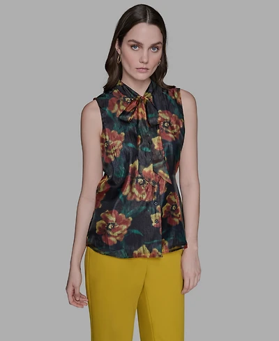 Karl Lagerfeld Paris Women's Floral-Print Tie-Neck Blouse