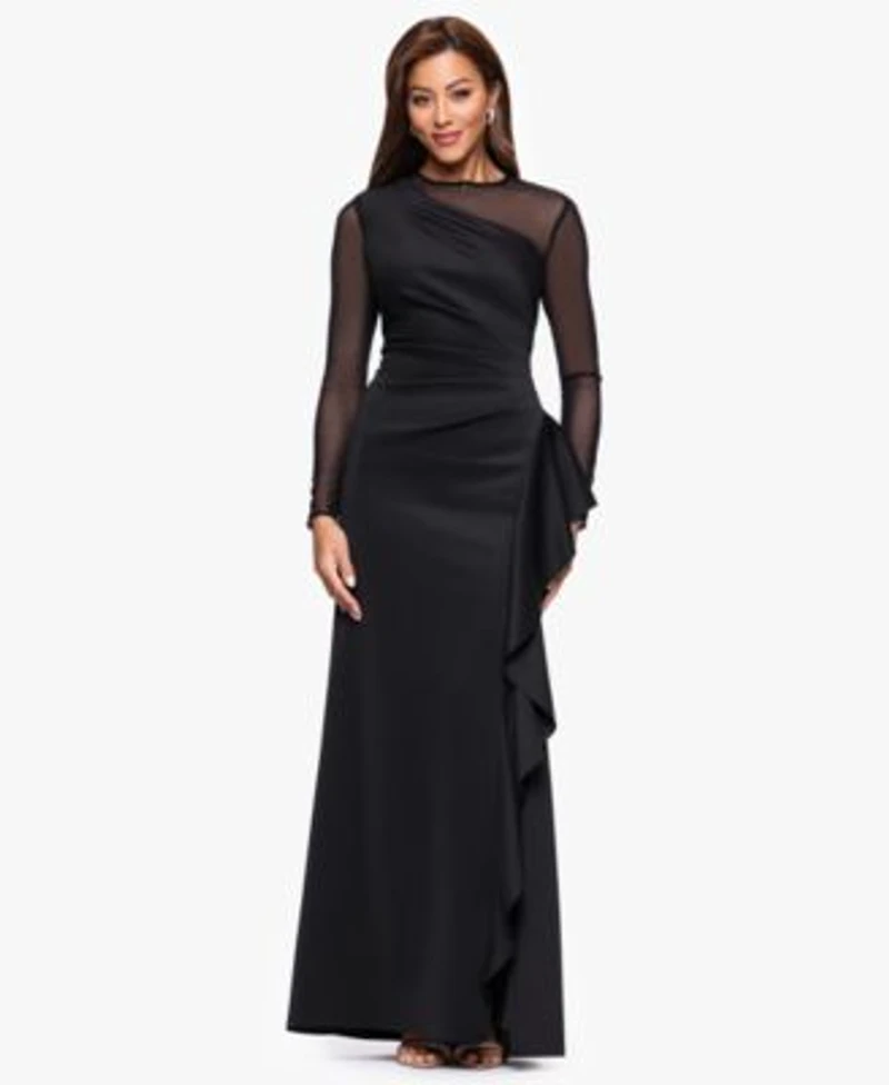 Xscape Womens Long Sleeve Scuba Power Mesh Dress