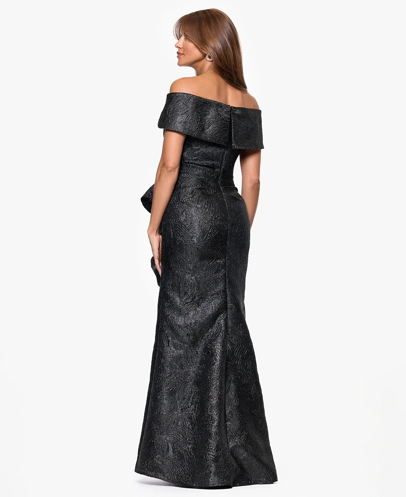 Xscape Women's Brocade Off-The-Shoulder Ruffled Long Dress