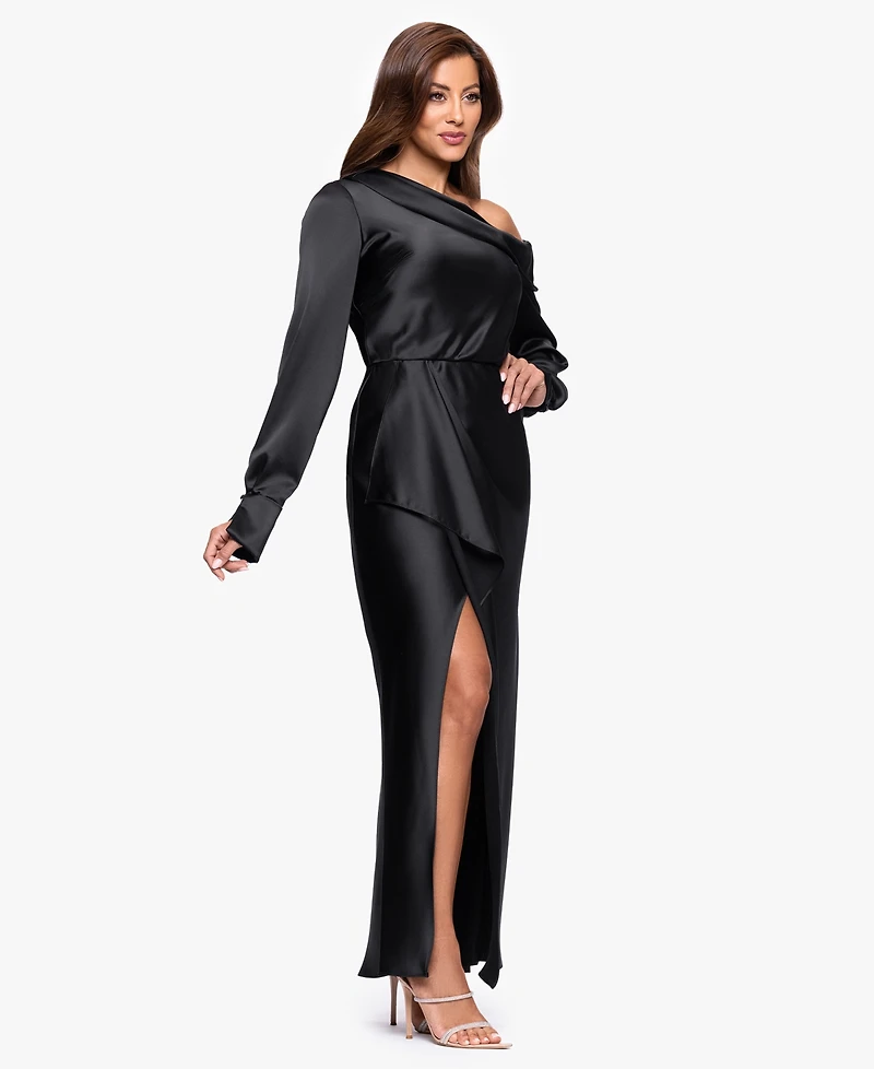 Xscape Women's One Shoulder Sash Satin Long Dress
