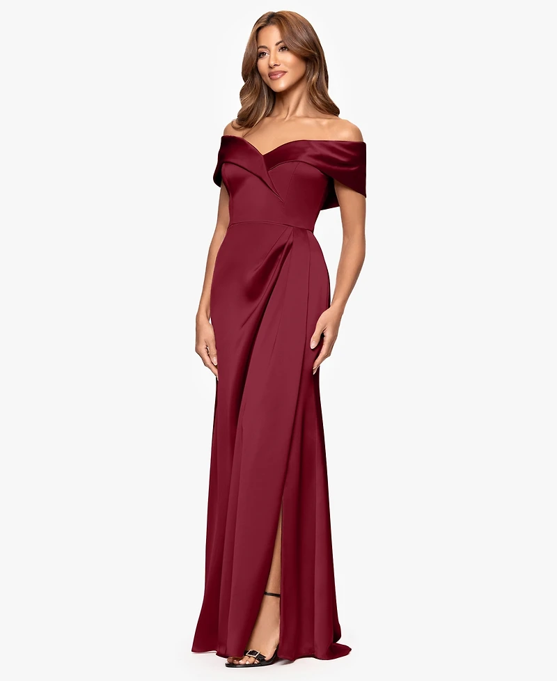 Xscape Women's Off-The-Shoulder Short Sleeve Satin Long Dress