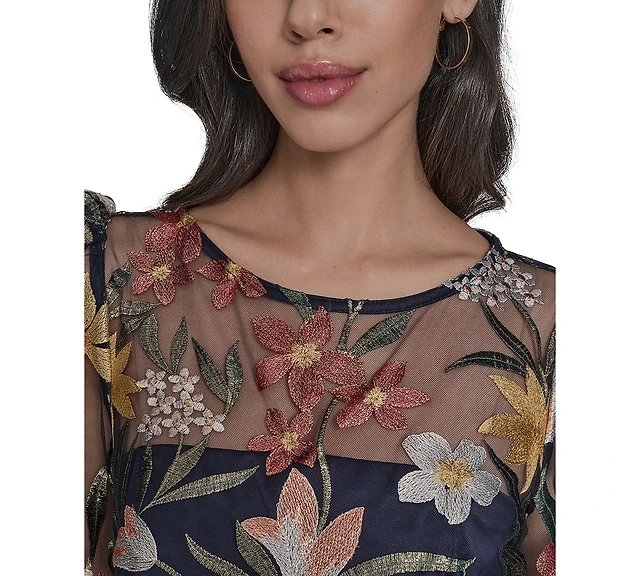 jessica howard short sleeve boat neck floral embroidered mesh dress Eliza J Women's Boat Neck Short Sleeve Dress