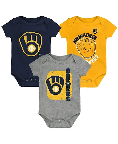 Outerstuff Baby Boys and Girls 3-Pack Navy/Gold/Gray Milwaukee Brewers Change Up Bodysuit Set