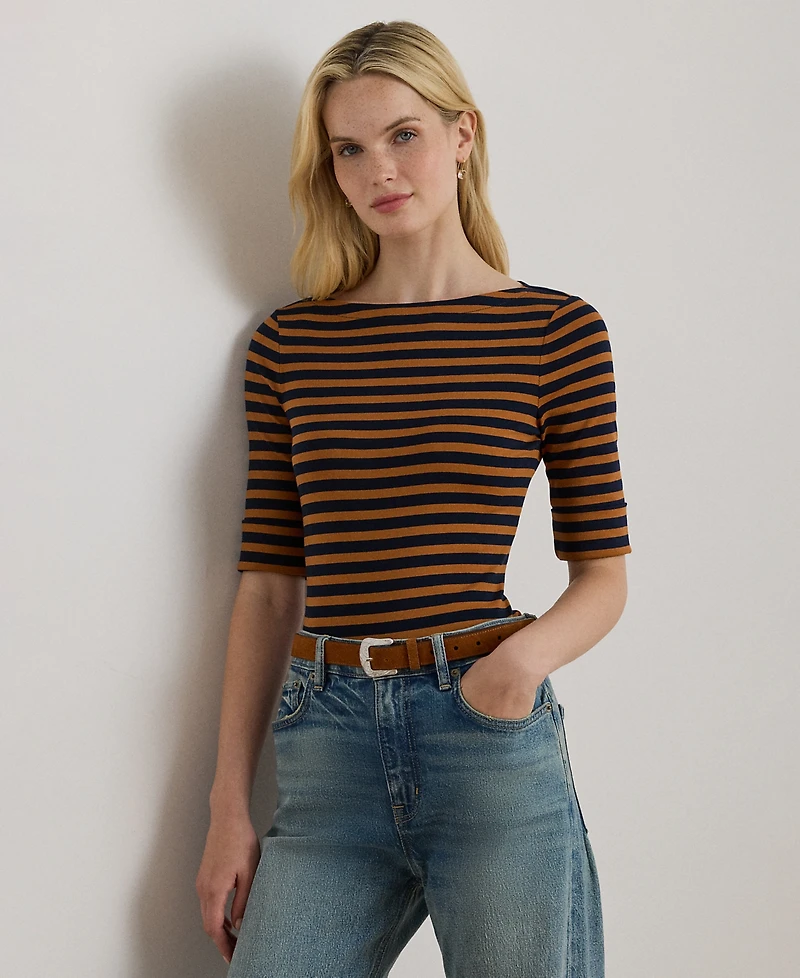 Lauren Ralph Petite Striped Stretch Cotton Boatneck Tee