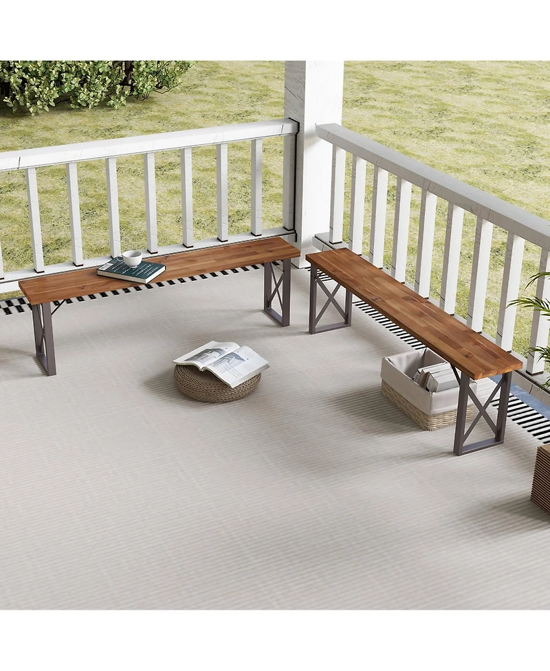 Gymax 59'' Outdoor Acacia Wood Benches Set of 2 for 2-3 Person w/ Metal Support